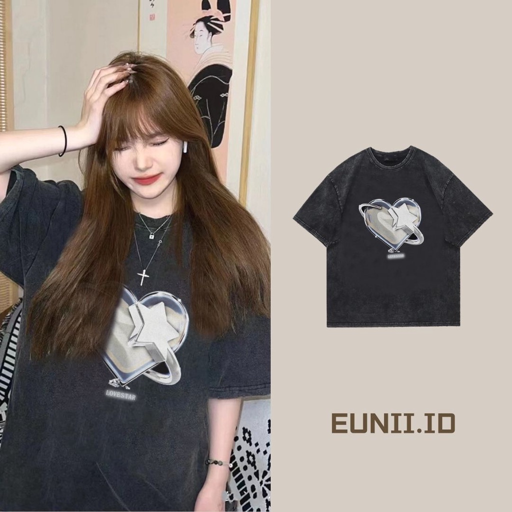 EUNII T-shirt Lengan Pendek Black Washed Vintage Heart Printing Korean Style/Kaos Atasan Wanita/Baju Wanita/Kaos Wanita