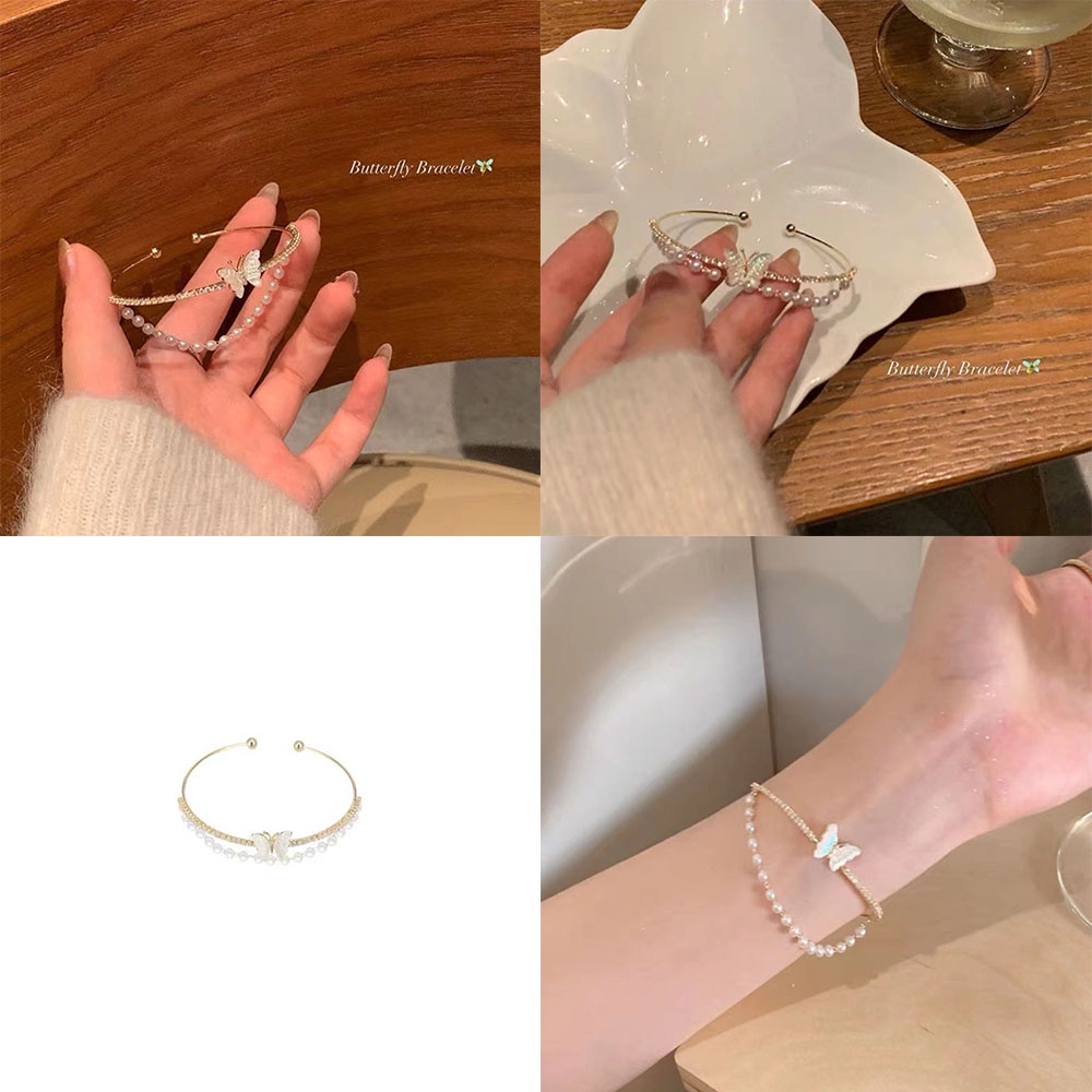 Gelang Kupu-Kupu Lapisan Ganda Emas Gaya Mewah Ringan Wanita Temperamen Sederhana Mutiara Aksesoris Fashion