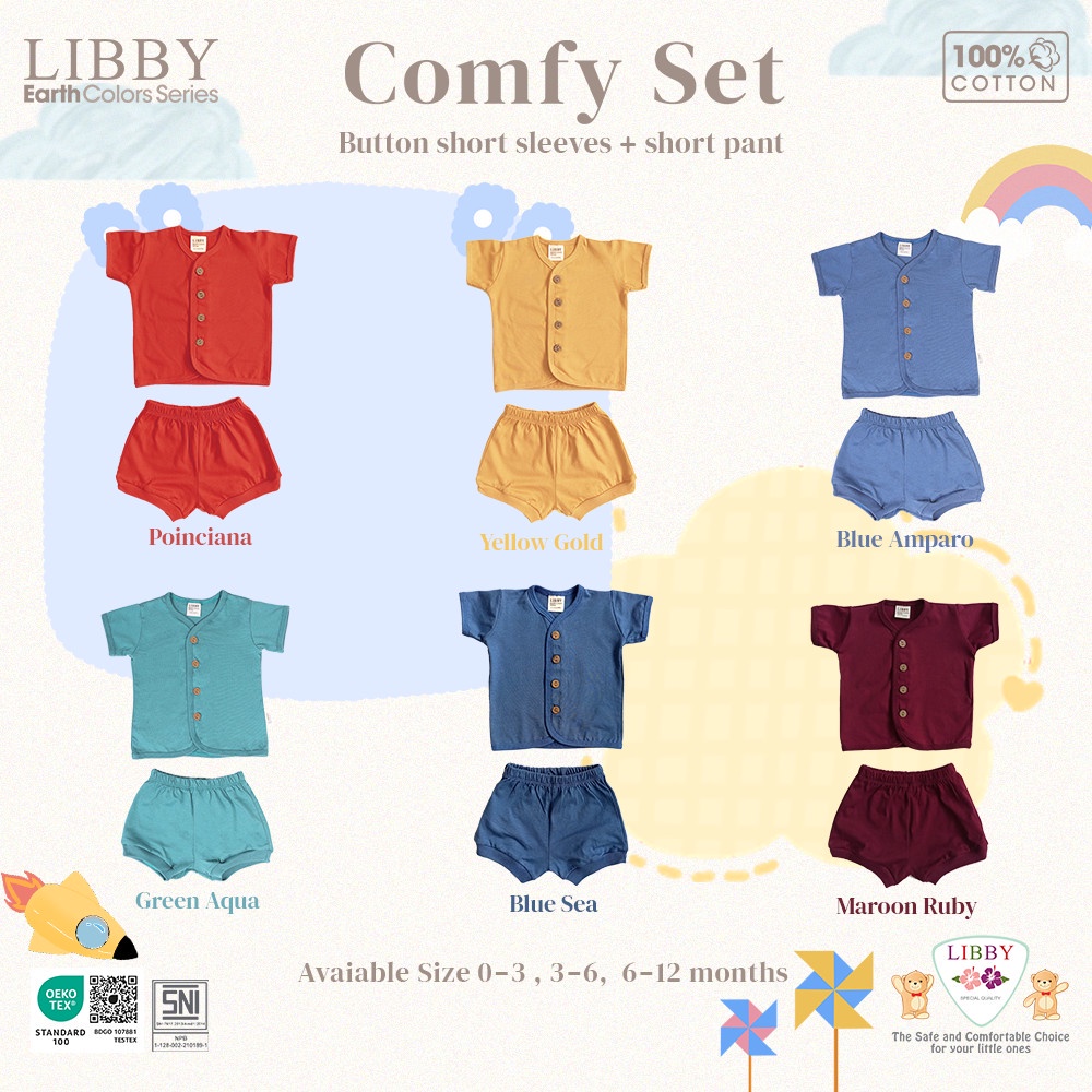 Libby Setelan Earth Colors Baju Pendek + Celana Pendek size 0-3, 3-6, 6-12 bulan