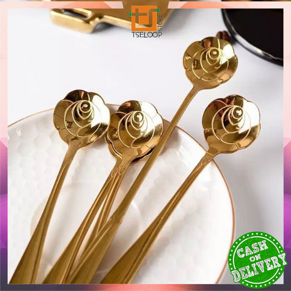 OFM-C766 Sendok Korea Teh Kopi Kecil Stainless Steel Motif Love Elegant Warna Gold / Sendok Bunga Emas Spoon Dessert Import