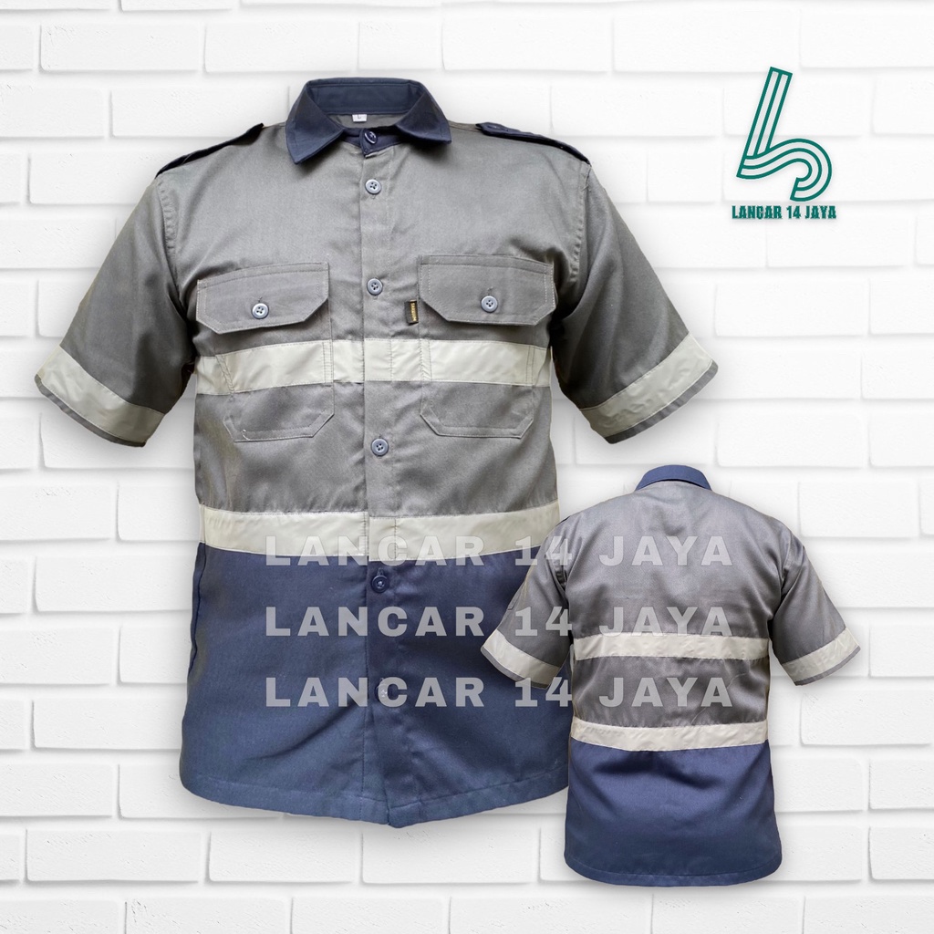 Kemeja Safety Wearpack Atasan Lengan Pendek Kombinasi Kemeja Safety K3 / Baju Proyek Tambang / Wearpack Kerja / Seragam Lapangan Kombinasi Biru Navy Pakai Skotlight