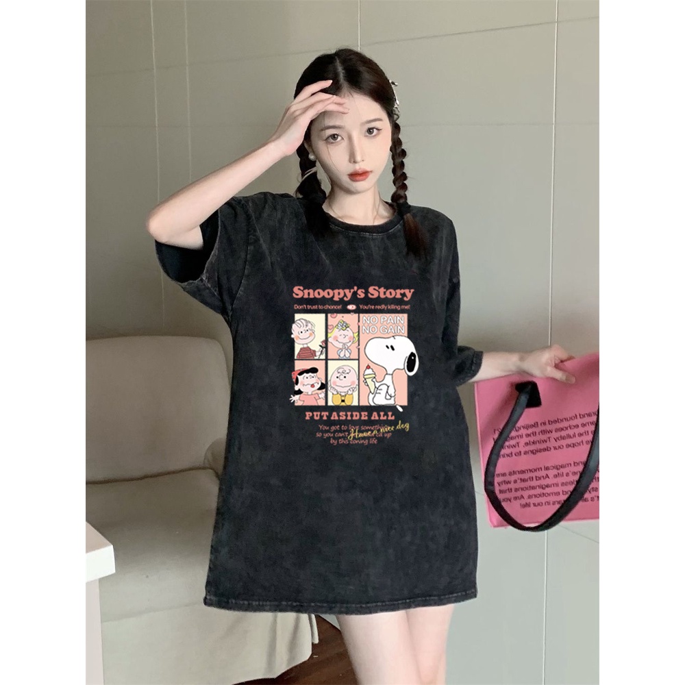 XiaoZhaiNv Korean Style Snoopy Graphic Pattern Washed Printing Kaos Wanita