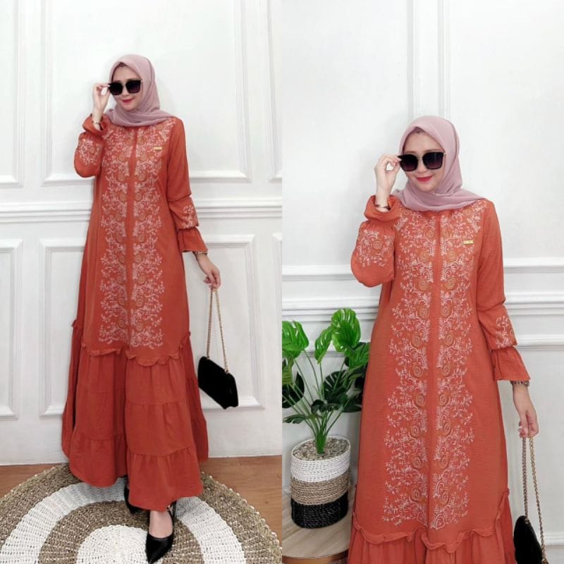 Syamila Dress Bordir Mat Airflow Crinkle Mix Bordir Timbul Premium / Baju Muslim Aplikasi Bordir Terbaru / Kancing Depan Busu