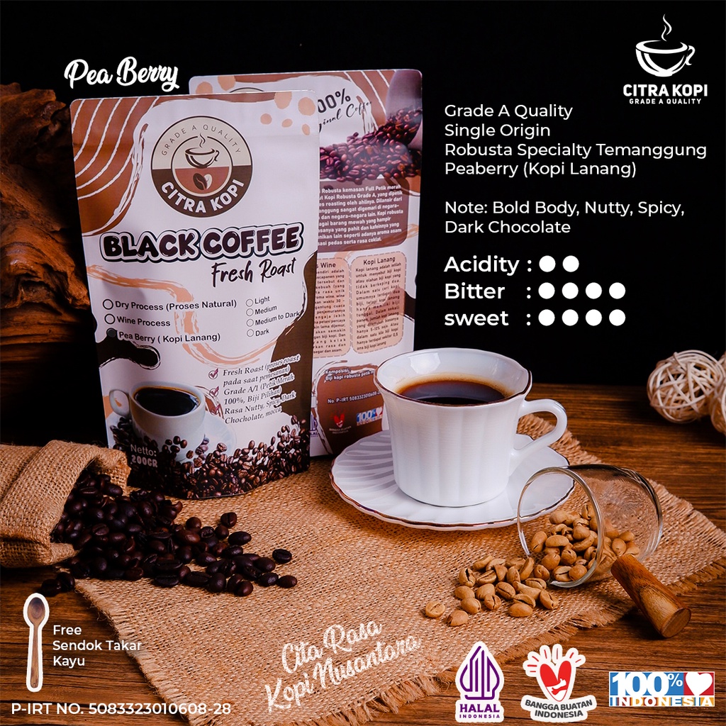 

Specialty Kopi Lanang Peaberry Bubuk Murni 200Gr Robusta Temanggung