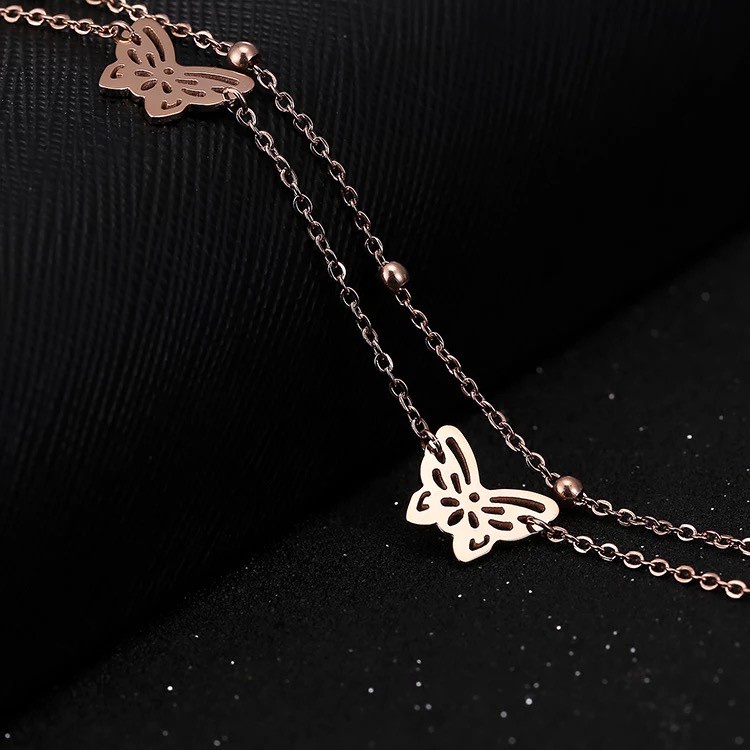 Gelang Kaki Bahan Stainless Steel Lapis Ganda Aksen Kupu-Kupu Warna-Warni Untuk Wanita Butterfly