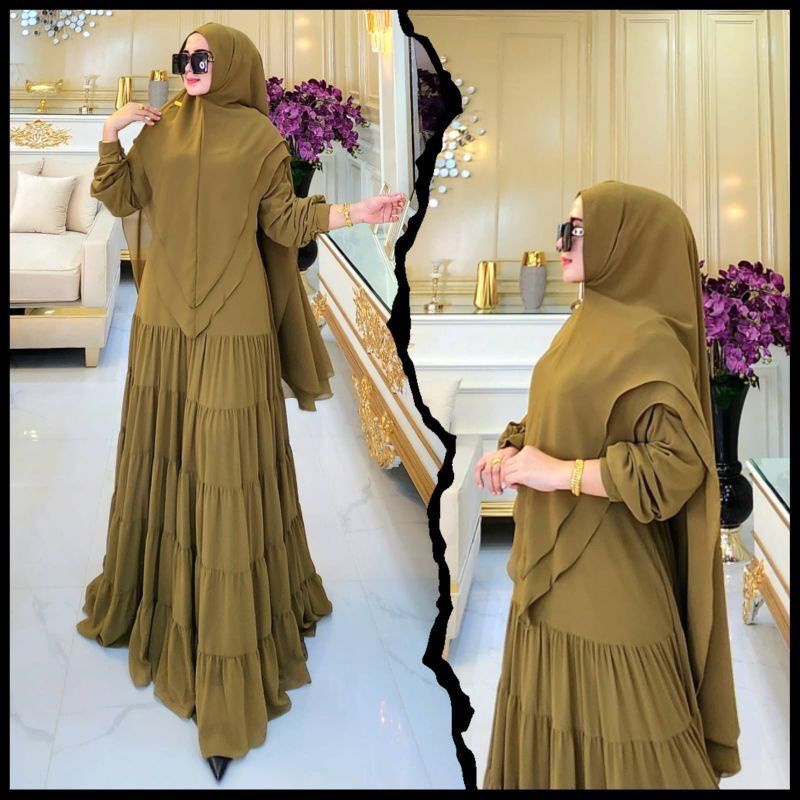 Gamis Syari Terbaru Baju Wanita Jumbo Shopiya Syari Set Khimar Bahan Ceruty Babydoll Full Furing Gaun Pesta Muslimah