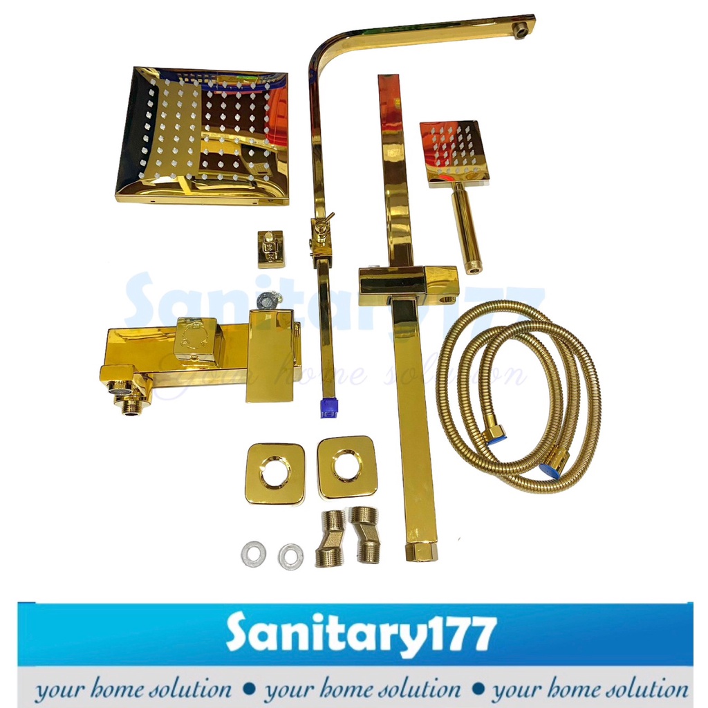 Shower Colomn GOLD kotak minimalis Kuningan Tiang shower rainfall mixer panas dingin set complete brass elegan