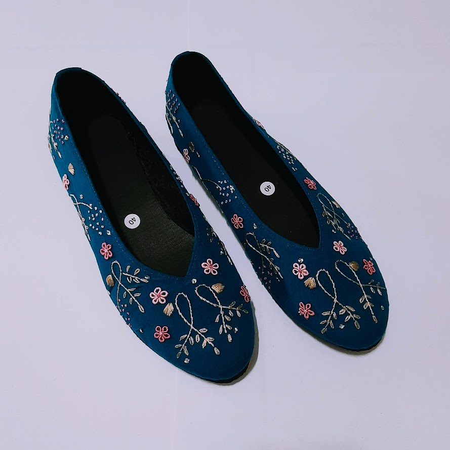 etnik fashion sepatu wanita flat slip on sulam tosca biru