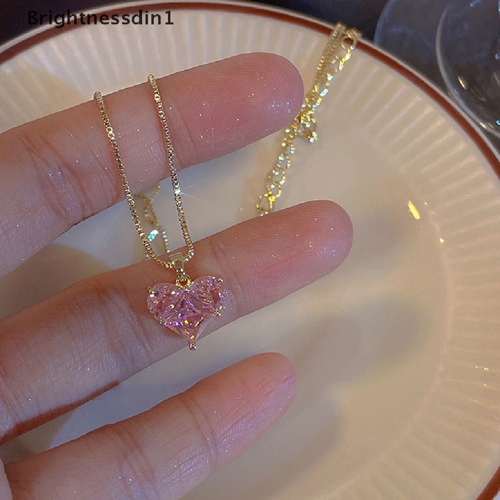 [Brightnessdin1] Elegan Halus Merah Muda Cinta Zirkon Klavikula Kalung Telinga Studs Wanita Anting Perhiasan Pesta Hadiah Butik