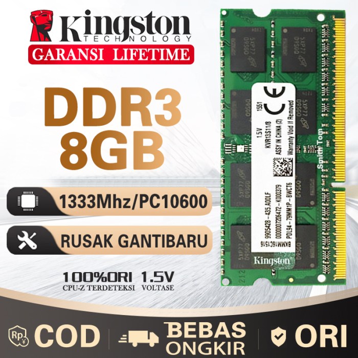 {BripkaStore} Ram laptop Kingston SODIMM 8GB DDR3 10600/ DDR3-1333 8G sodim Murah
