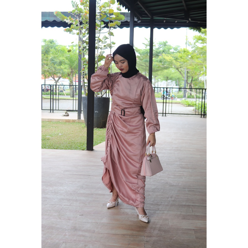 Baju Dress Kondangan Wanita Dewasa Alzena Dress Free Belt  Bahan Satin Premium LD 100Cm Fit To L / Fashion Muslim  Model Gamis Serut Atas Sampai Bawah Kekinian