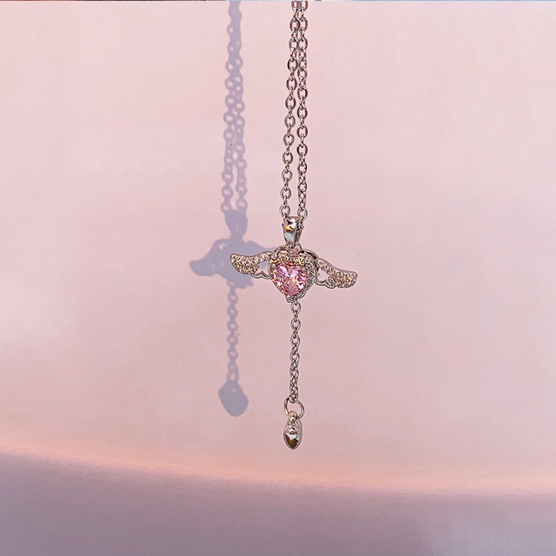 AY(CN) Elegant Pink Zircon Heart Pendant Necklace for Women Moving Wings Silver Chain Choker Jewelry Accessories
