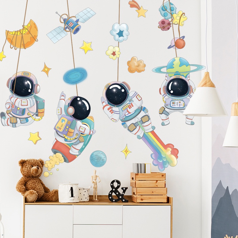 Astronot Luar Angkasa Stiker Dinding Kamar Anak Bintang Bulan Langit Kartun Latar Belakang Dinding Decal