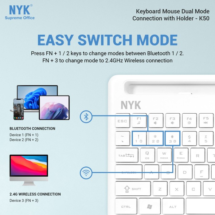 NYK K50 Keyboard Mouse Dual Mode Wireless Bluetooth Stand Holder