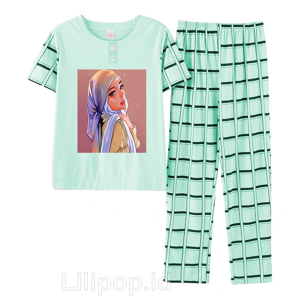 Lilipop.id  Baju Tidur Wanita CP muslimah Setelan Piyama BabyDoll Kaos Celana Panjang