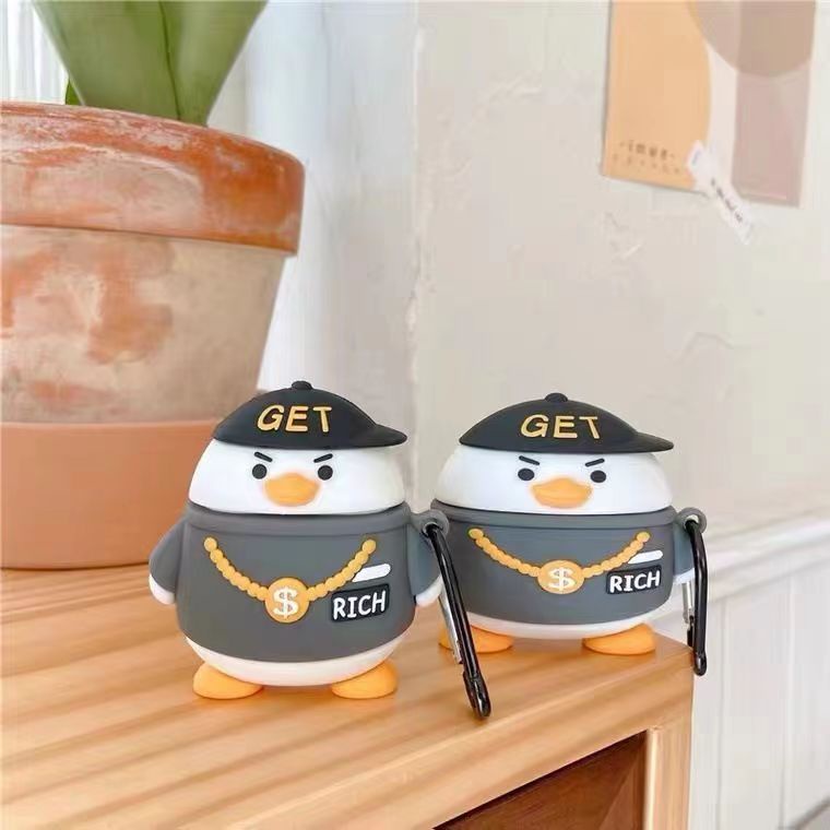 Kartun 3D Hip Hop Rapper Duck Dengan Rantai Emas Bluetooth Earphone Soft Case TWS Soft Cover Untuk Airpods 1 2 3 pro airpods3 i12 i13 inpods 12 13 pro Pelindung