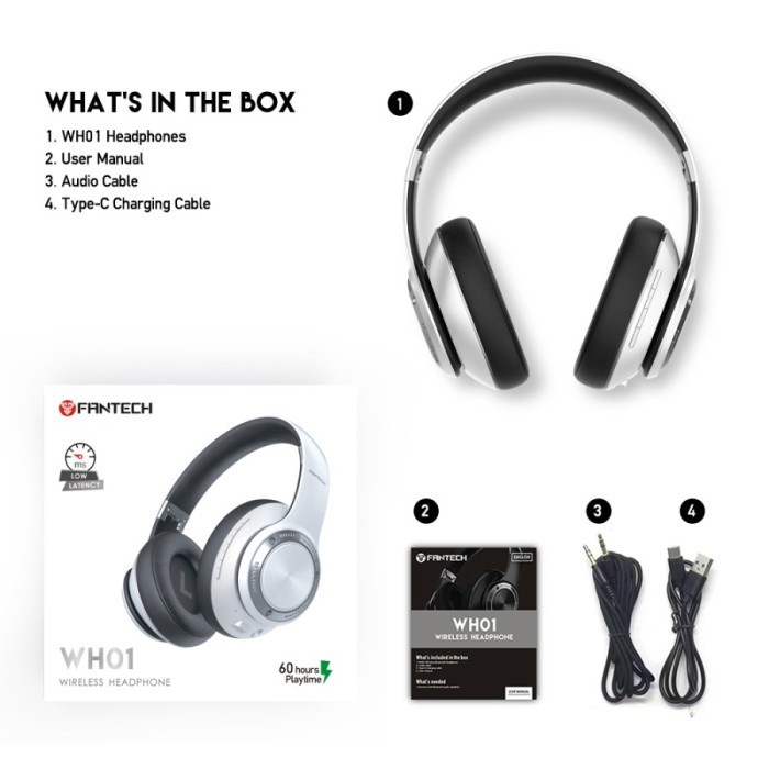 Headset Wireless Fantech WH01 Headphone Bluetooth - White