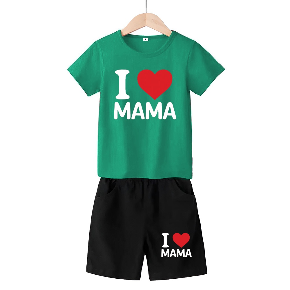 Baju Stelan 3/4 Anak Love Mom Cowok Cewek  Usia 1 - 4 Tahun Celana Pendek Harian