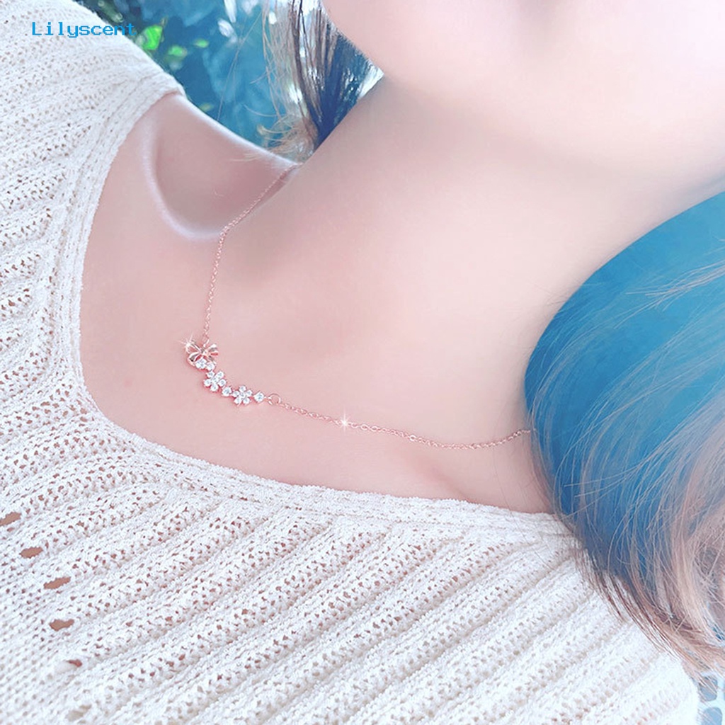 [LS] Women Necklace Cubic Zirconia Bow-knot Decor Rantai Warna Solid Electroplated Neck Dekorasi Berongga Keluar Shiny Bentuk Bunga Lady Necklace Women Jewelry