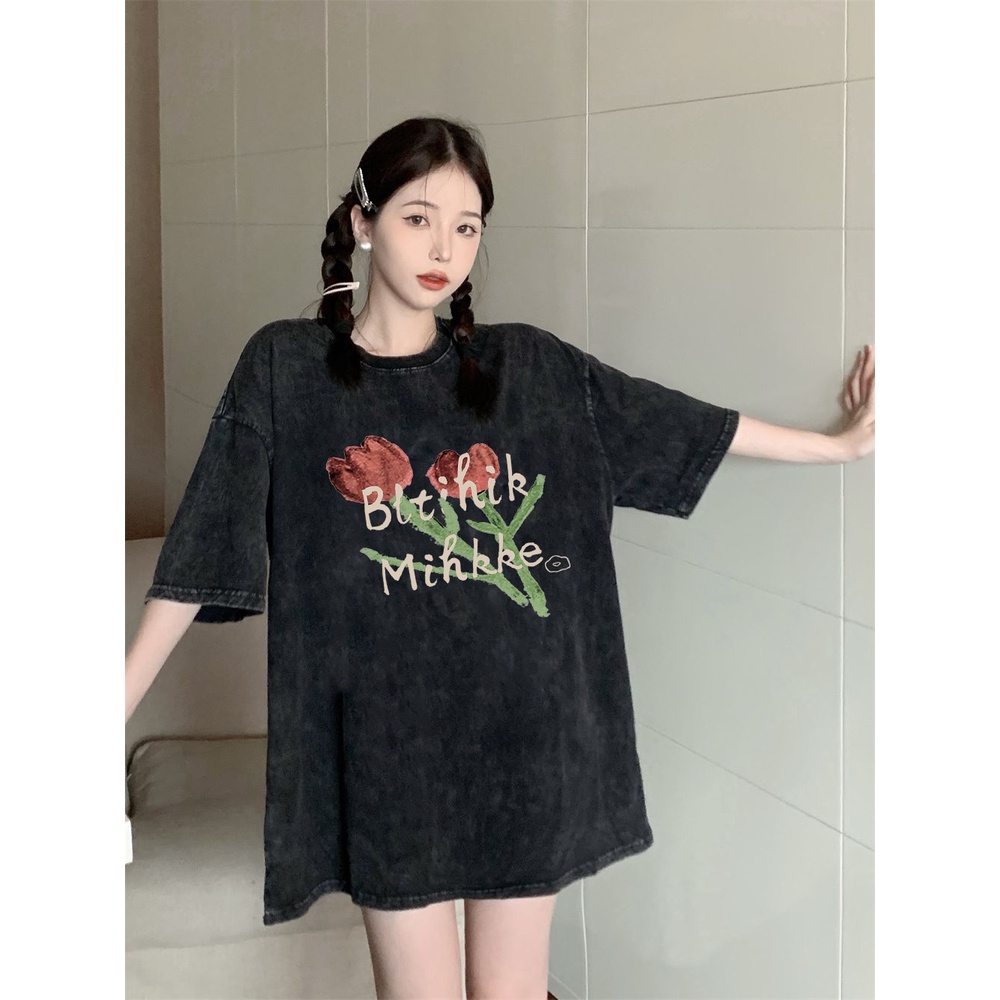 XIAOZHAINV Korean Style Tulip Pattern Washed Printing Kaos Wanita