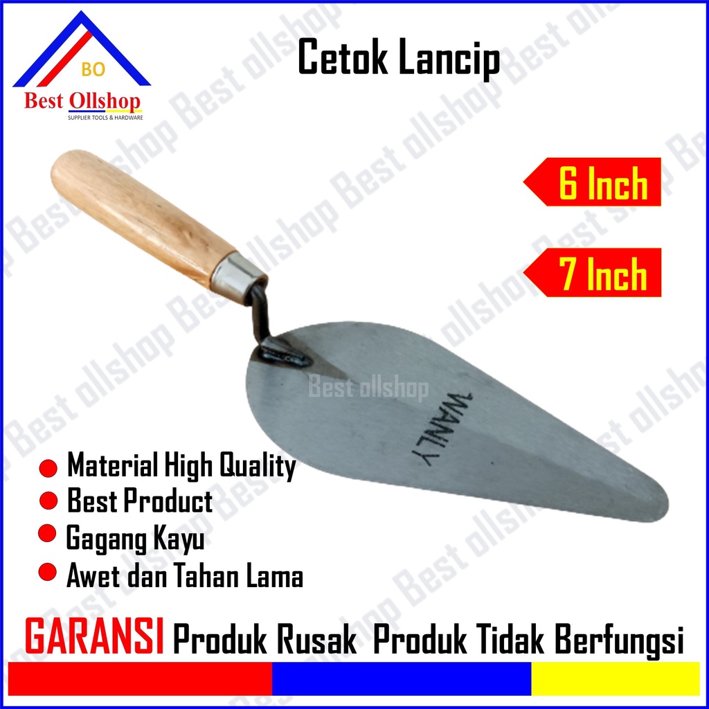 Sendok Semen Gagang Kayu 6 Inch Lancip / Cetok Semen Gagang Kayu 7 Inch Lancip