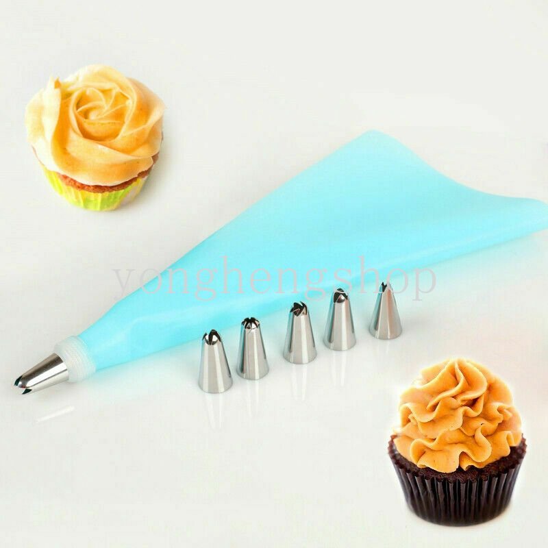 8pcs /set Silikon Cream Pastry Bag Stainless Steel Icing Piping Nozzle Pastry Tips Converter DIY Alat Dekorasi Kue Dapur Gadget