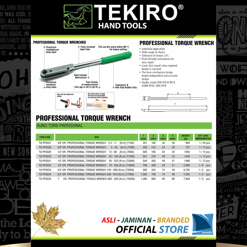 Kunci Torsi 1/2&quot; inch 50 ~ 225 N.m Professional Gagang Momen - Changeable Pro Torque Wrench TEKIRO