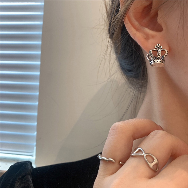 Vintage925 Sterling Silver Salib Berongga Mahkota Hoop Stud Earrings Gesper Untuk Wanita Lucu Perhiasan Halus