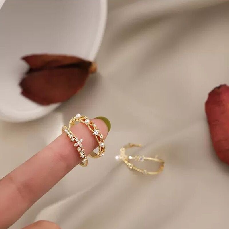 YEEZII Cincin Open Rings Emas Mewah Mutiara Kristal Berongga Set Cincin Untuk Perhiasan Aksesoris Wanita