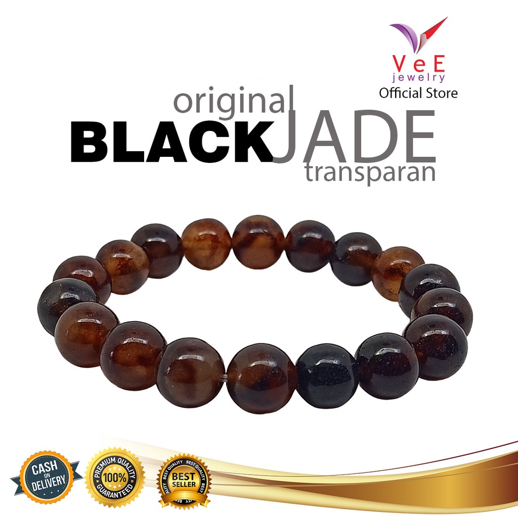 Gelang Black Jade Batu Giok Cina Asli 10mm Cokelat Transparan - VeE Bracelet Batu Alam Terapi Keseha