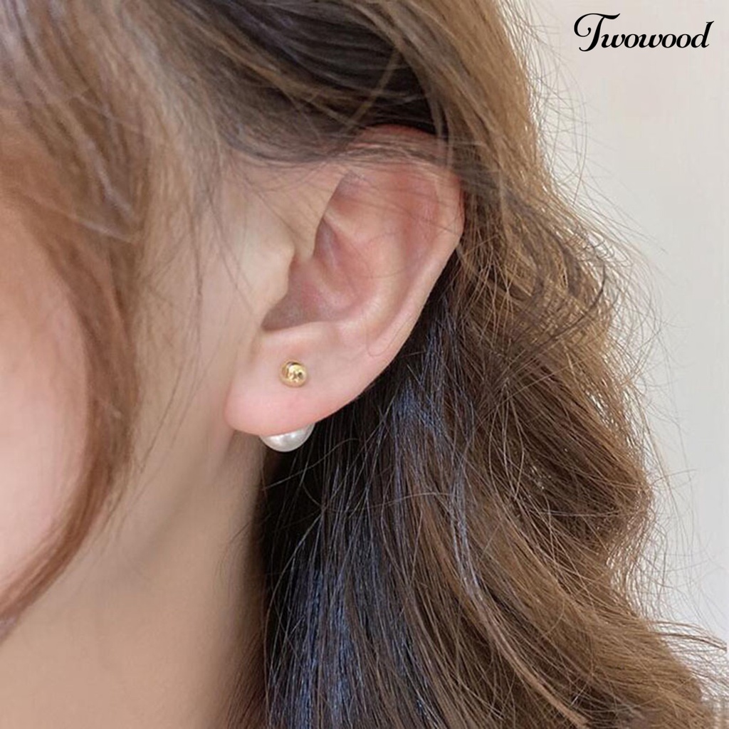 Twowood 1pasang Anting Wanita Mutiara Imitasi Electroplating High Gloss Tahan Aus Geometris Dekorasi Colorfast Temperamen Wanita Stud Earrings Perhiasan Aksesori