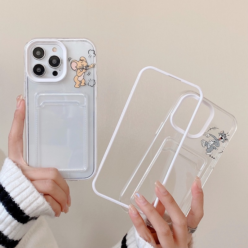 IPHONE Casing Transparan Desain Lengan Kartu 3in1 Untuk Iphone14 13 12 11 Pro Max Kartun Kucing Dan Tikus X XR XS Max7 8 Plus