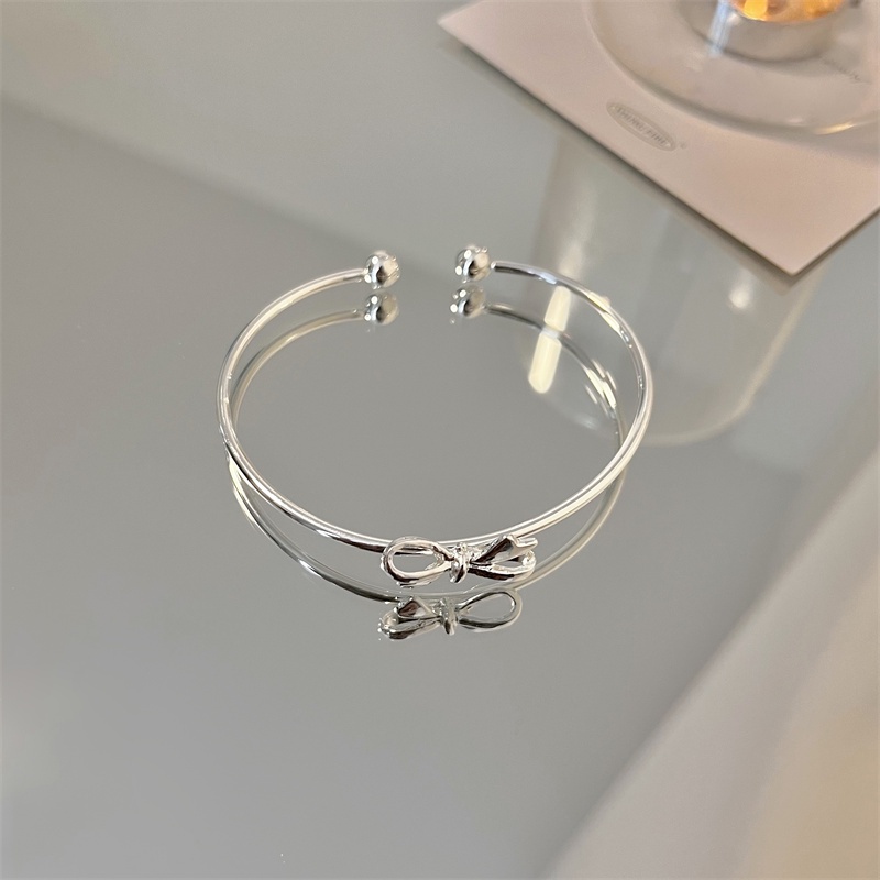 Papaozhu Elegan Perak Busur Bangle Terbuka Gelang Untuk Wanita Perempuan Korea Ikatan Simpul Cuff Bracelets Adjustable Fashion Wrist Jewelry