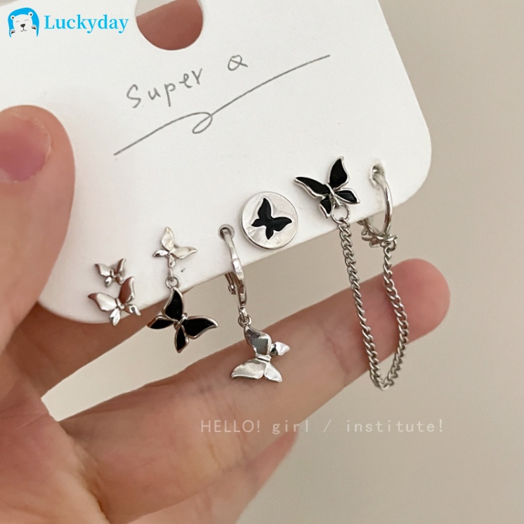 YEEZII Anting Pejantan Emas Perak Elegan Untuk Wanita Sederhana Kupu-Kupu Drop Oil Hoop Earring Aksesoris Perhiasan
