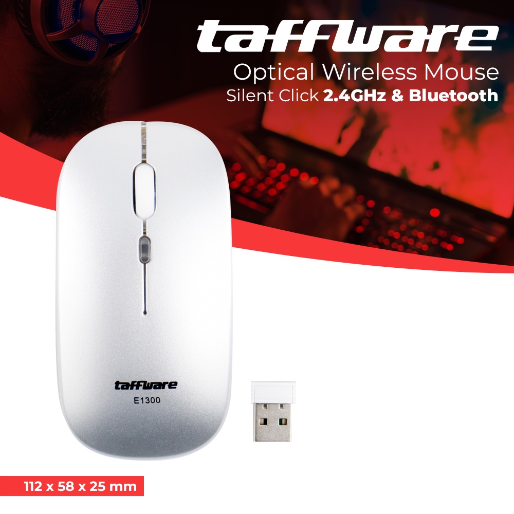 Gs8 Taffware Optical Wireless Mouse Silent Click Dual 2.4GHz &amp; Bluetooth - E1300 - Silver Or-i