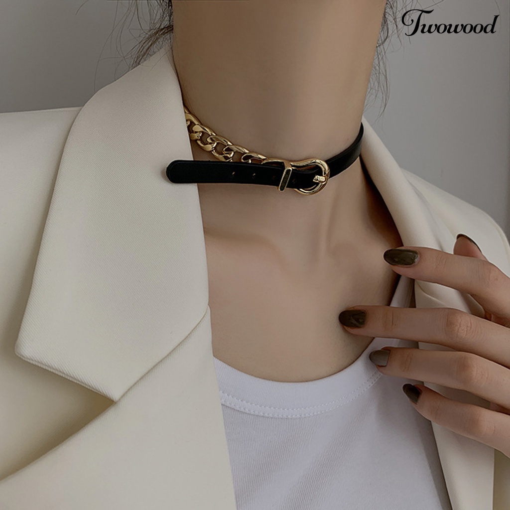 Twowood Wanita Choker Kulit Imitasi Adjustable Gesper Link Rantai Punk Kepribadian Hadiah Hip Hop Cewek Kerah Kalung Fashion Perhiasan