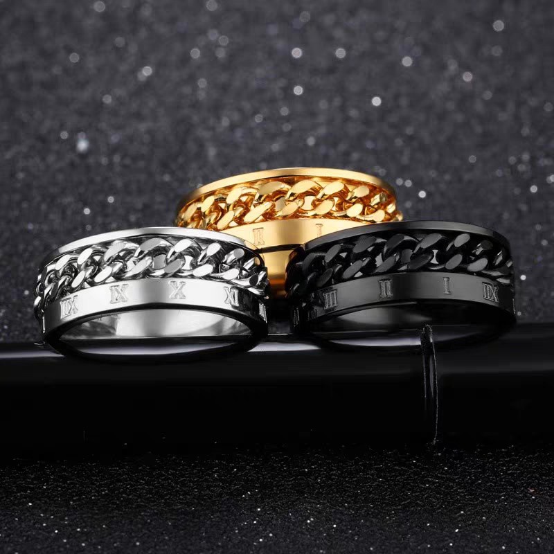 Cincin Rantai Bahan Titanium Steel | Cincin Angka Romawi Bahan Stainless Steel Warna Hitam | Anting Tusuk Hypoallergenic Anti Pudar Untuk Pria / Wanita | Kotak Hadiah Untuk Hadiah