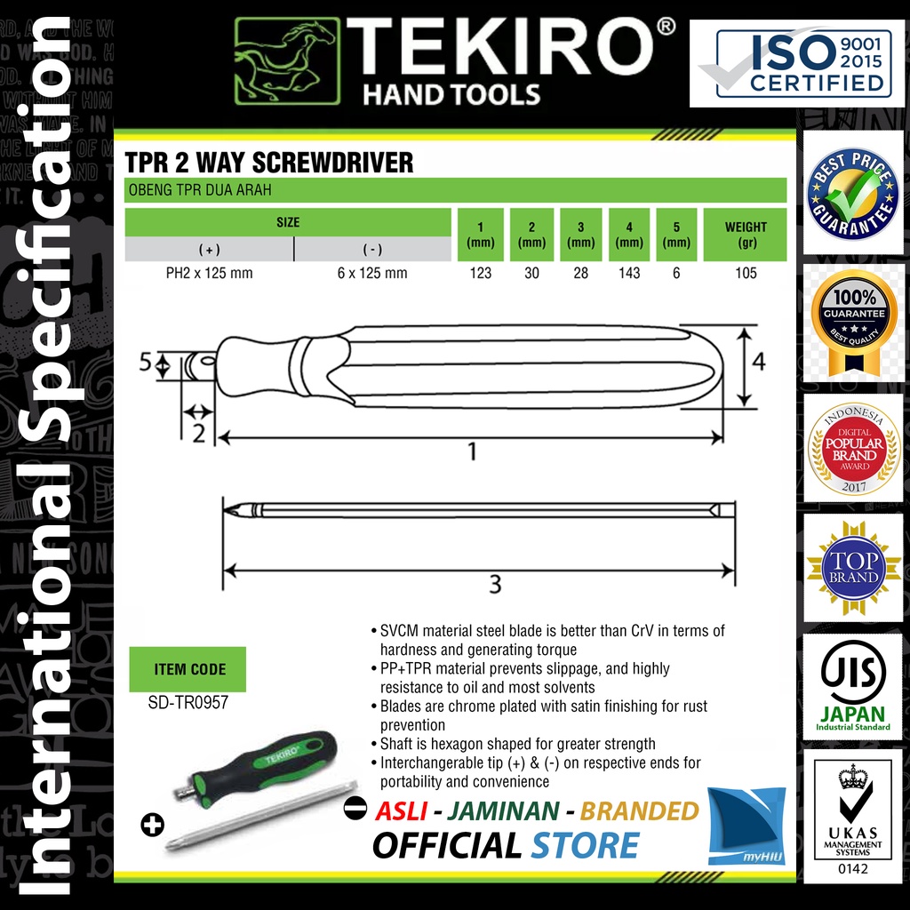 Obeng Bolak Balik TPR (+/-) 6 x 125 mm Dua Arah / 2-Way Screwdriver TEKIRO (Anti Selip/Sulit Basah)