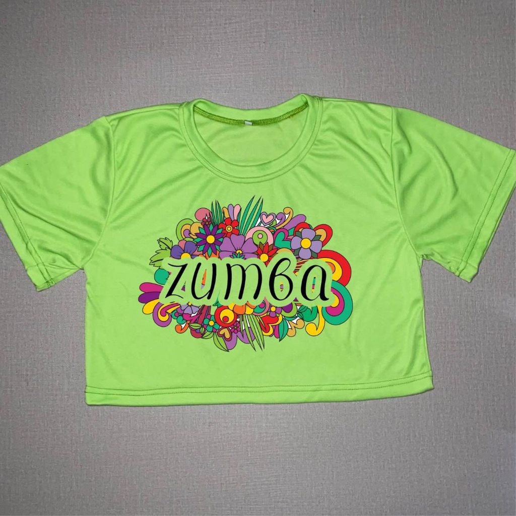 May Clothing - Crop Top Zumba Bunga Hijau Neon Dewasa Bahan Cotton