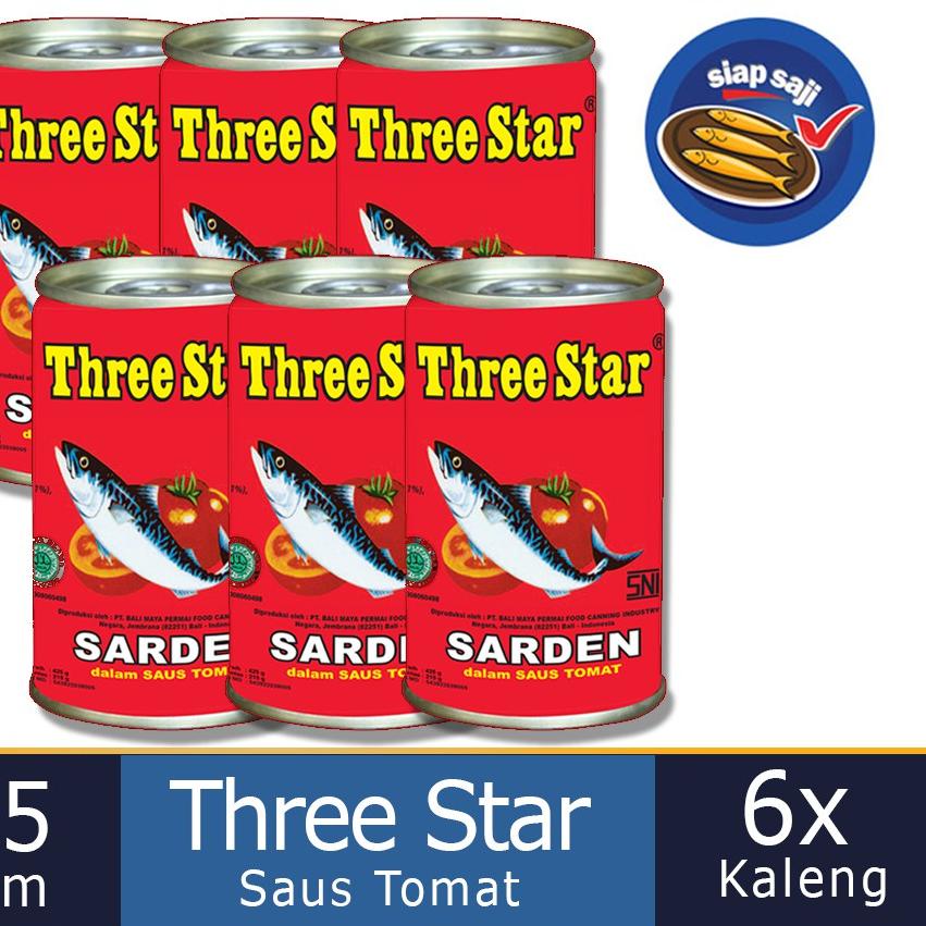 

➬ Paket 6 Pcs Three Star Sarden mini saus tomat Makanan Kaleng 155 g ✻