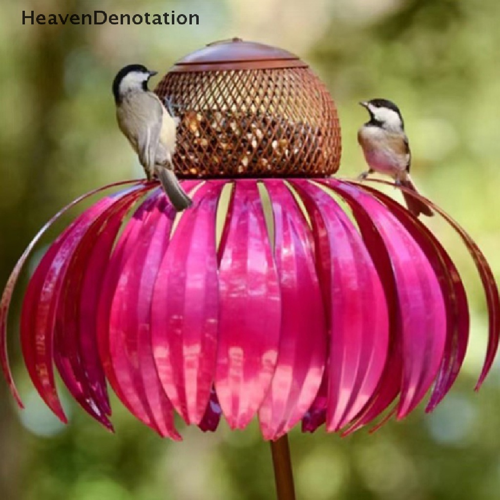 [HeavenDenotation] Botol Burung Dengan Stand Metal Berbentuk Bunga Dekorasi Taman Luar Ruangan Pink Coneflower Bird Wadah Aksesoris HDV