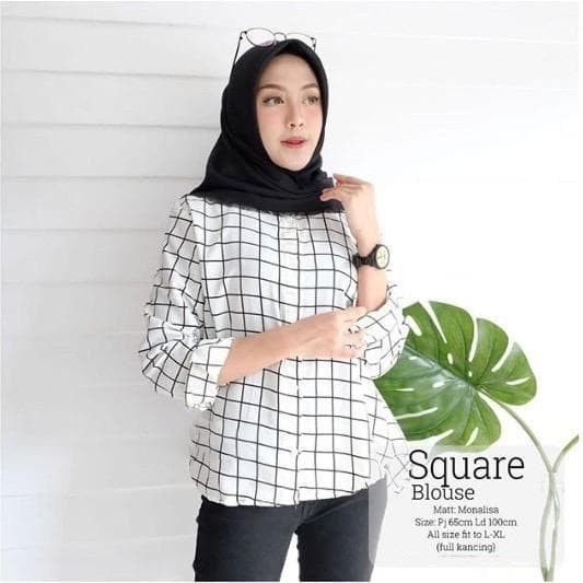 ✨LARIS✨ -Atasan Wanita Baju Blouse Kemeja Kotak Jumbo Blus Square Big size XXL - Putih, XL- 1.2.23
