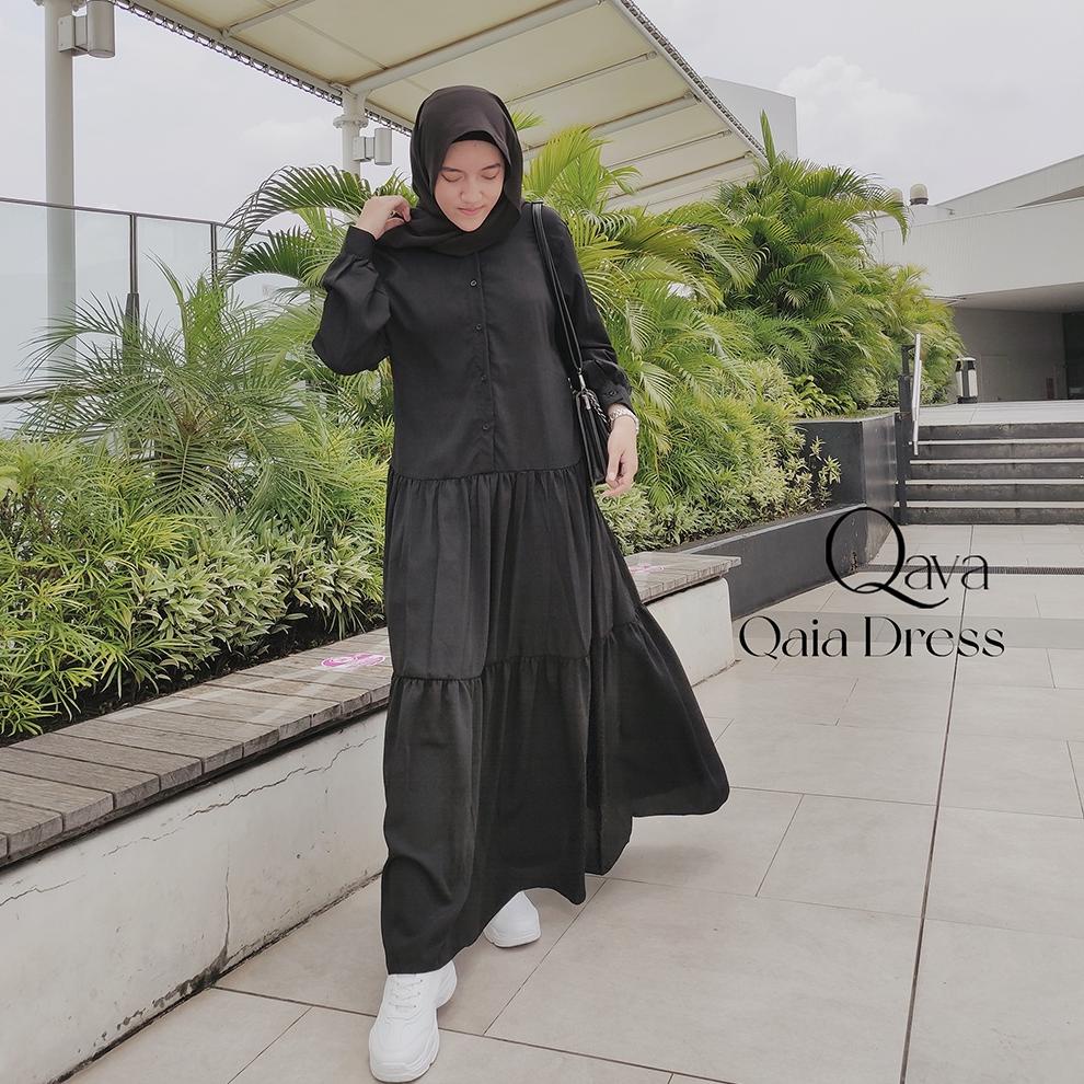 Terlaris❆☊ Gamis Rempel Korean Style | Gamis Ruffle Jumbo Hitam | Qaia Dress Hitam | Gamis Kekinian 