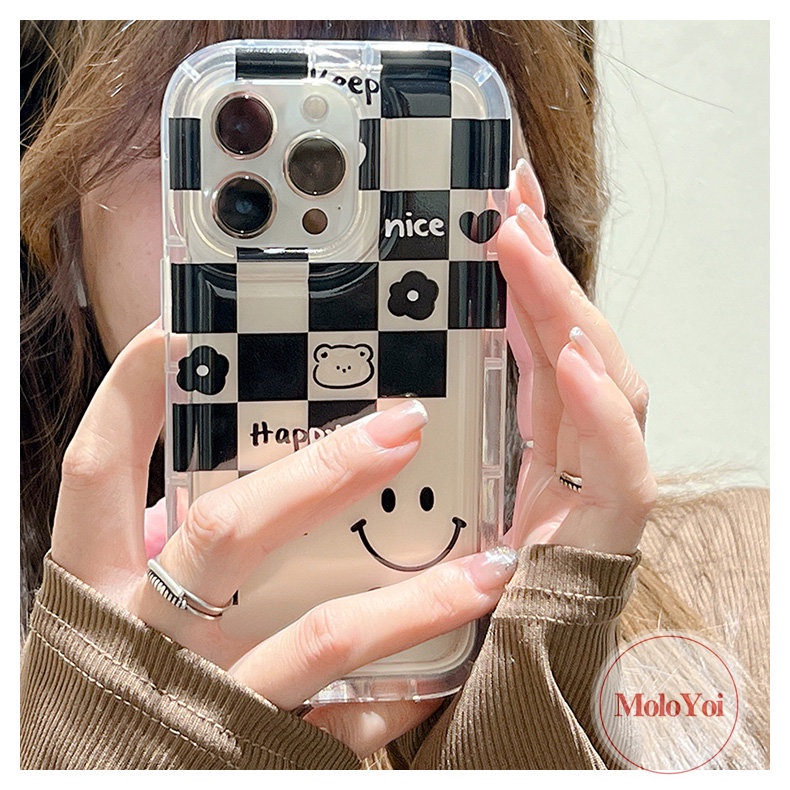 IPHONE Ins Kotak-Kotak Pasangan Case Kompatibel Untuk Iphone14 13 12 Pro Max11 7 8 Plus XR 6 6S Plus X XS MAX Beruang Lucu Cinta Hati Flowers Happy Lucky Smiley Shockproof Airbag Soft Cover