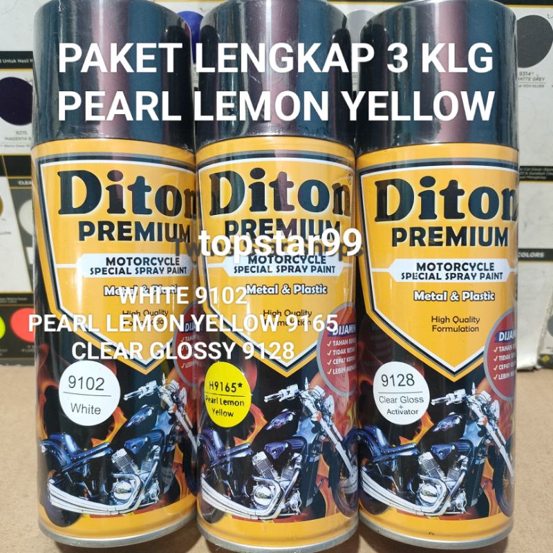 Diton Premium Paket Lengkap 3 Kaleng 400cc Kuning Mutiara Pearl Lemon Yellow 9165 White 9102 Clear Glossy 9128 Pilox Pilok Cat Semprot Spray Paint