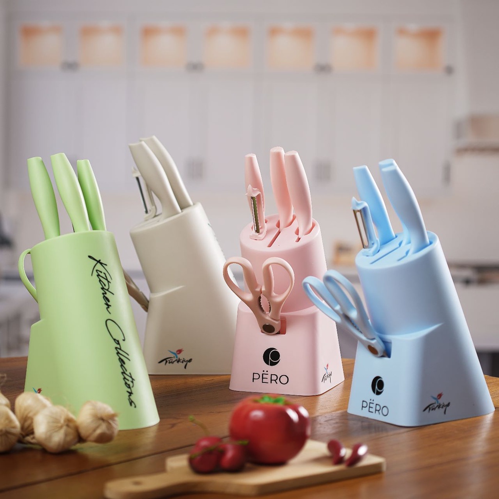 PERO GRANITE KNIFE SET OF 6 WITH HOLDER / SET PISAU DAPUR LAPIS GRANITE ANTI LENGKET