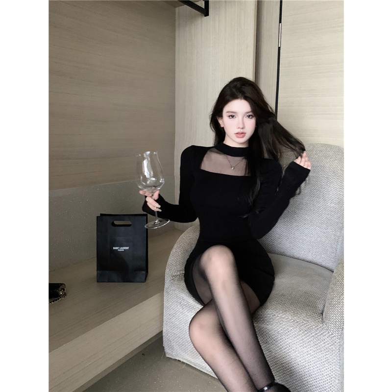 Red Mesh Splicing Kerah Setengah Tinggi Rajutan Gaun Lengan Panjang Gaun Hitam Kecil Babes Tas Pinggang Hip Rok Wanita musim Semi Rok Pendek