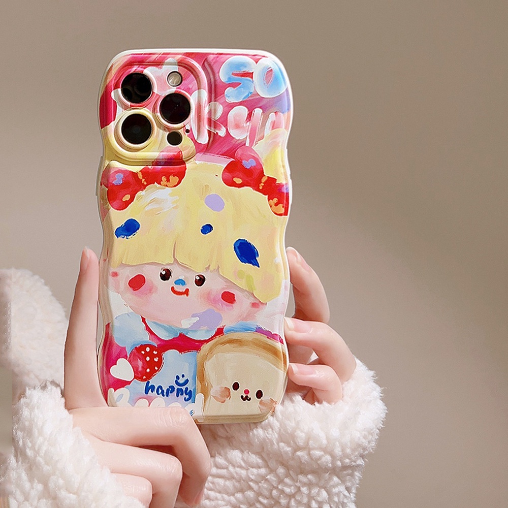 IPHONE Ins Gadis Lucu Lukisan Cat Minyak Kartun Soft Beige Case Untuk Iphone14 11 12 13 PRO MAX Casing Cover Pelindung AT0019