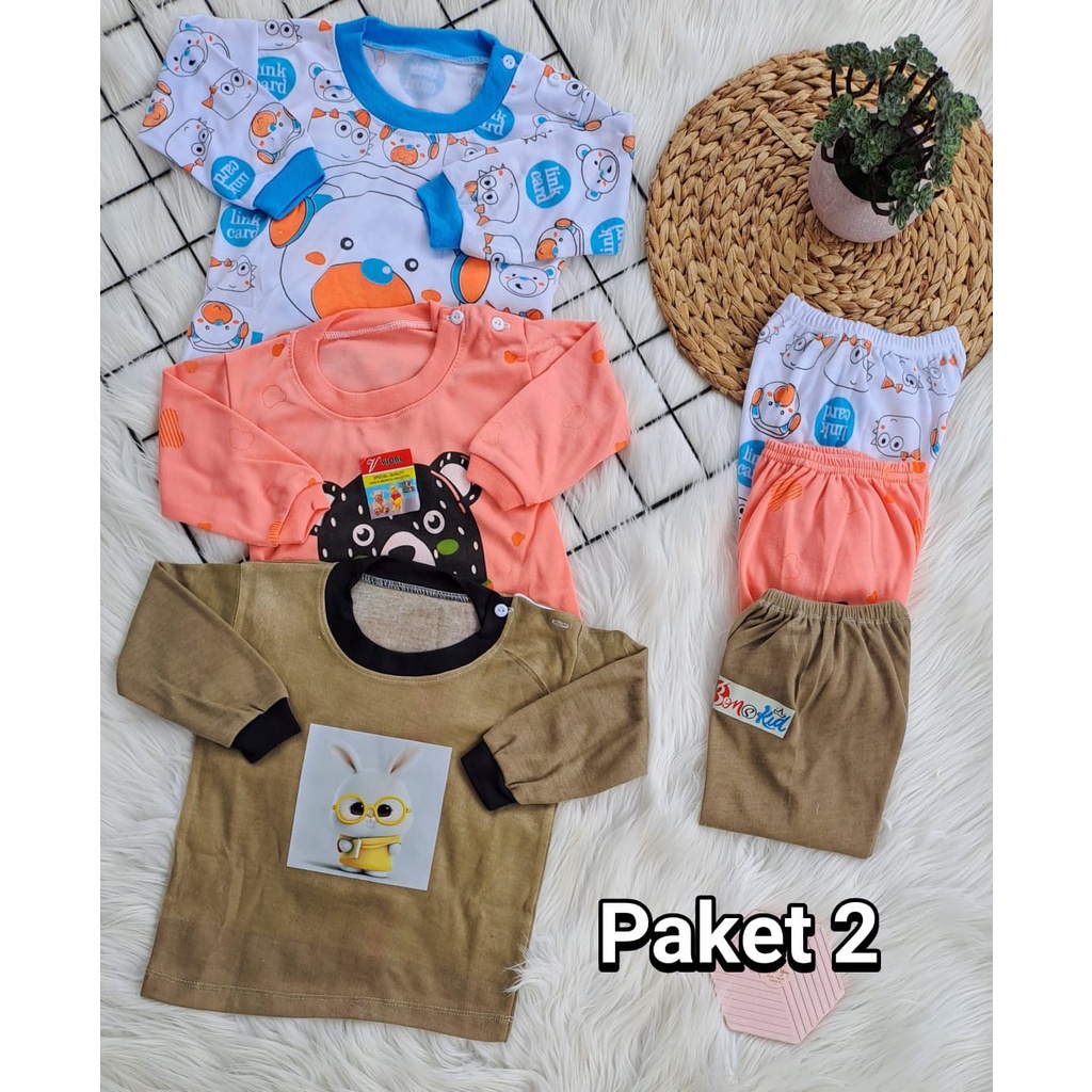 setelan baju anak laki laki perempuan lengan panjang paket hemat lucu motif karakter 3-18 bulan