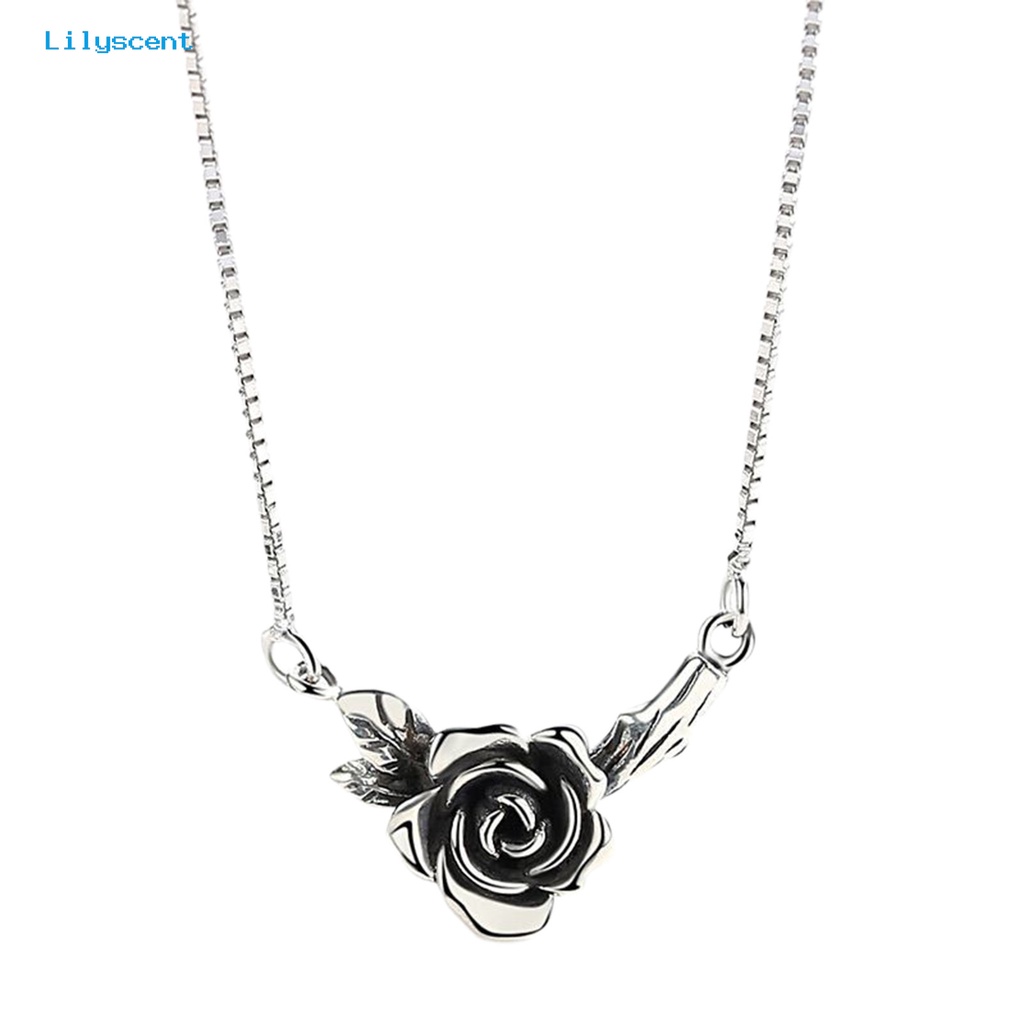 [LS] Wanita Kalung Vintage Bunga Hitam Rose Stainless Desain Lama Leher Dekorasi Warna Perak Tepi Halus Rose Liontin Kalung Pesta Perhiasan